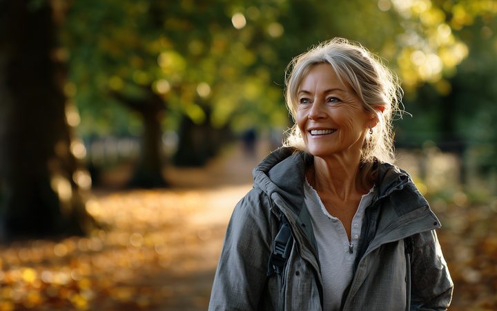 Seniorin beim aktiven Spaziergang im Freien